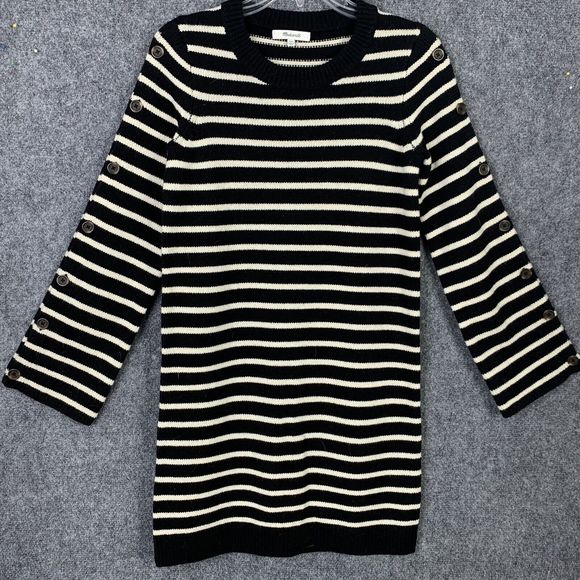 Madewell Striped Merino Wool Button Up Sleeves Sweater Dress Black Cream XXS - Picture 1 of 13